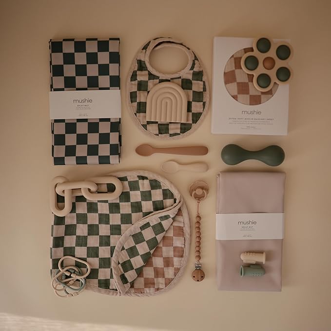mushie Baby Splat Mat 42.5x42.5 Inch (Olive Check) | Water Resistant for Under High Chair and Infant Play