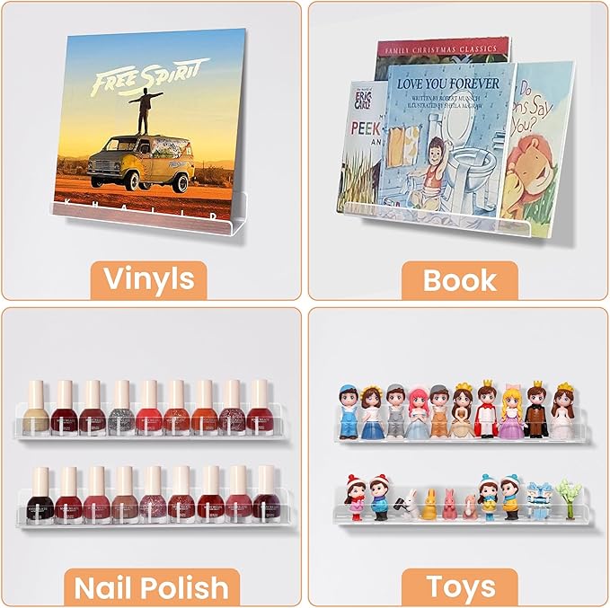 upsimples 10 Pack Clear Acrylic Shelves, 1.7" x12" Nursery Bookshelves, Small Floating Bookshelf for Kids Baby, Vinyl Wall Mount, Record Holder, Magazine Rack, Comic Display, Picture Ledge Shelf Décor