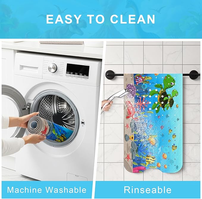 Upgrade Cartoon Baby Bath Mat Non Slip - 40"x16" Extra Long Bathtub Mat for Baby Eco Friendly Durable Bath Mat for Tub Non Slip Kids Tub Mat with Suction Cups, Machine Washable and No Fading, Turtle