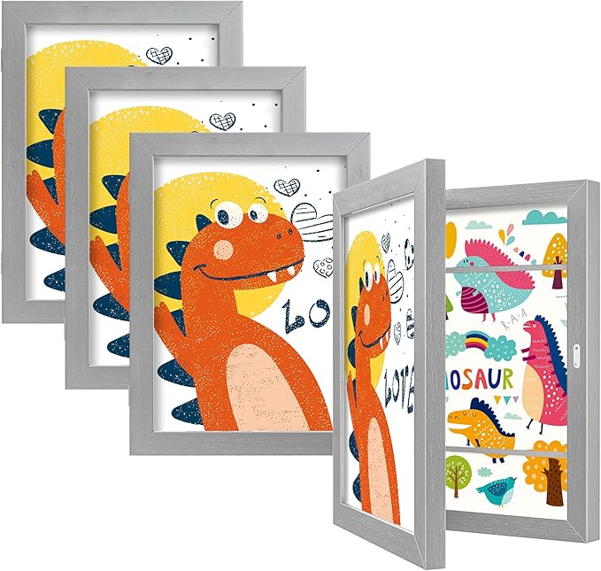 BAIJIALI Grey Art Frames for Kids Artwork - Front Opening Holds 150 Drawings, 3D Crafts - 4 Packs 8.5x11 with mat or 9x12 without Mat