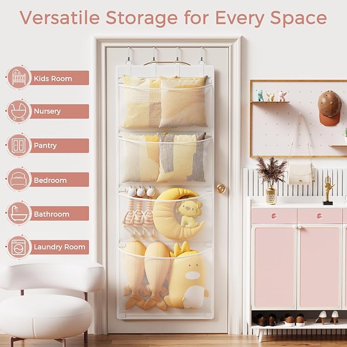 Criusia Stuffed Animal Storage, Over The Door Organizer with 4 Mesh Pockets, Toy Organizers and Storage for Nursery, Baby Supplies, Hanging Door Organizer for Kids Room & Playroom Organization, White
