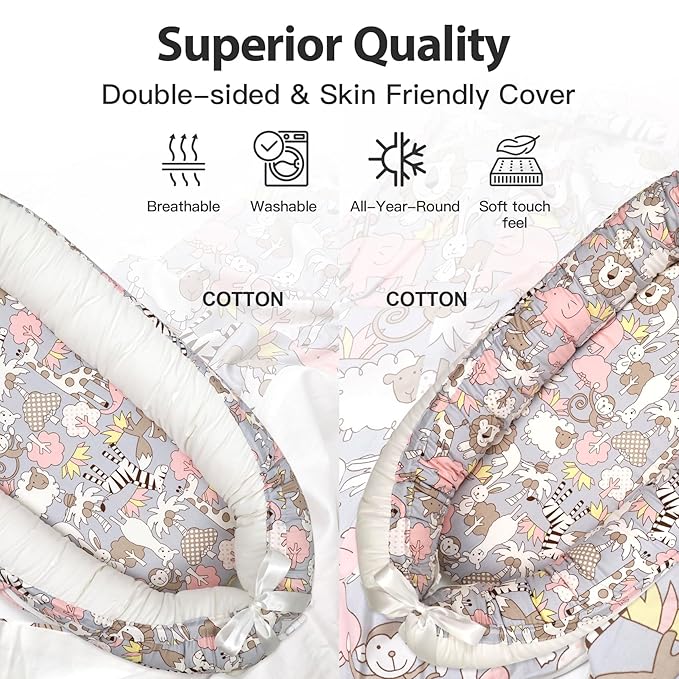 Baby Lounger-Breathable and Soft Organic 100% Cotton, Portable Infant Lounger with Removable Lounger Cover, Floor Lounger for Newborn - Sheep Monkey
