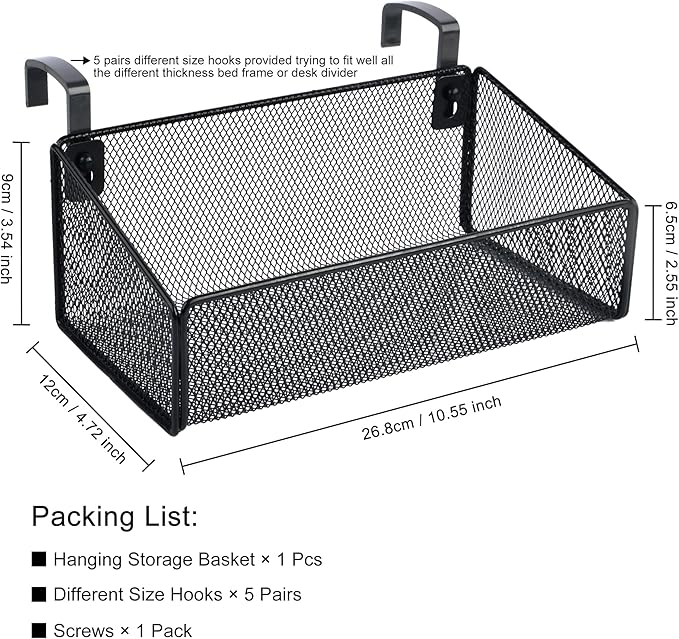 MATIMASU Bedside Shelf for Bed & Bunk Bed Storage Basket Office Cubical Wall Hanging Organizer - 5 Different Size Hooks - College Dorm Home Office Essentials for Phone,Book,Drink,Tissue (Black)