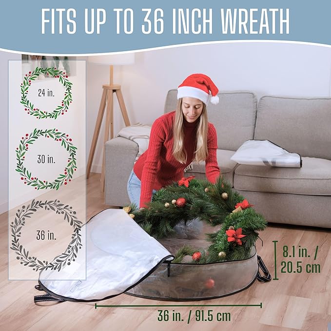 VENO 36 Inch Wreath Storage Container, 2 Pack Clear Round Christmas Wreath Storage Bag, Heavy Duty Clear Holder with Wall Hanging Handles