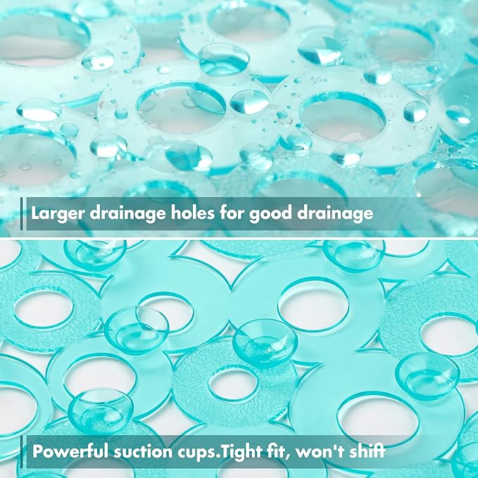 WELTRXE Oval Bathtub Mat Non Slip, Clear Teal Bubbles Bath Mats for Tub, Shower Mat with Drain Holes, Suction Cups, Machine Washable Bath Tub Mat, BPA, Latex, Phthalate Free for Bathroom, 27 x 14 Inch