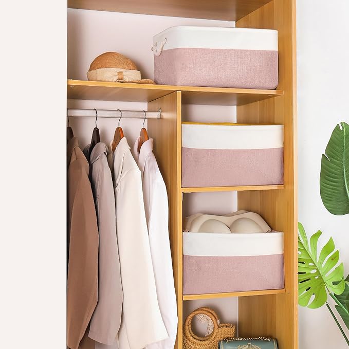 LordCom Storage Bins with Sturdy Cotton Handles(3 Pack), Fabric Storage Baskets for Organizing use for Office & Home, Book, Clothes, Toys, Closet Boxes (Small, Pink-White, 12.2x8.3x6.3 inches)