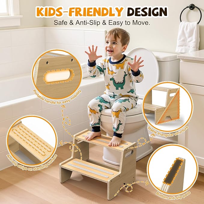 Uiirvdy Step Stool for Toddler, Sturdy Wooden 2-Step Stool with Anti-Slip Surface and Pads for Barthroom, Kitchen, Bedroom, Toilet, and Potty Training - 1 Pack