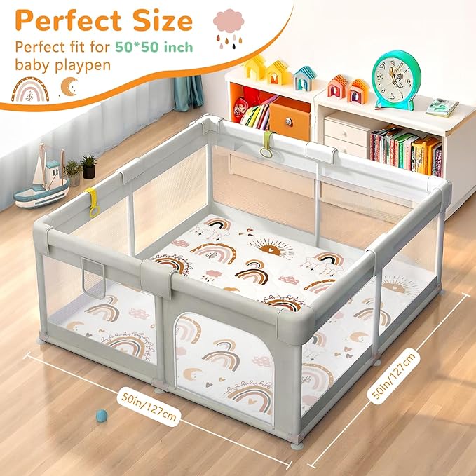Baby Play Mat Toddler Playpen Mat 50 x 50 inch, Removable-Washable Cover,Extra Thick Foam Padding,Non-Slip Crawling Cushion for Infants, Toddlers & Babies Tummy Playing Time