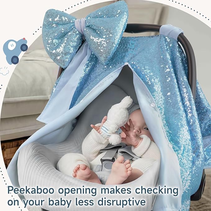 Baby Carseat Canopy Cover with Bow for Girls Boys with Bow Stroller and Cart Cover Carseat Nursing Cover Newborn Gift (Blue)