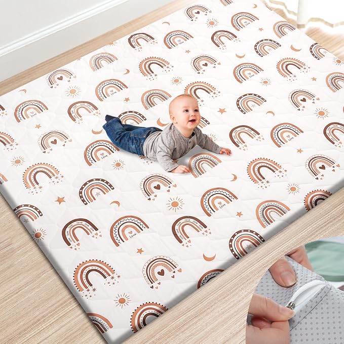 TINYHARBO Premium Foam Baby Play Mat 71" x 59" with Removable Cover, Extra Thick Padding Playpen Mat, Non-Slip Floor Mat, Stylish & Easy to Clean for Crawling Baby, Infants & Toddlers, Rainbow