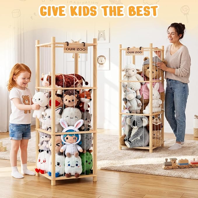 Woodure Stuffed Animal Storage & Organizer, Wooden Cute Zoo Toy Holder for Toddler Rooms, Playrooms & Bedrooms(2pcs)