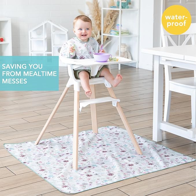 Bumkins Baby Splat Mat for Under High Chair, Babies Toddlers Eating Mess Mat, Waterproof Reusable Cloth for Arts and Crafts, Playtime Mat for Kids, Floors or Tables, Fabric 42inx42in, Floral Gray