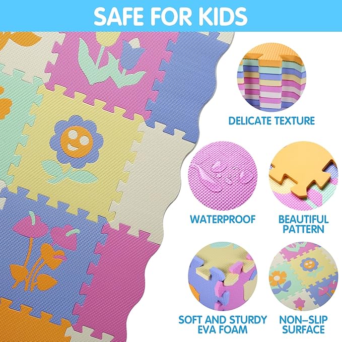 Tamiplay Foam Play Mat for Kids，25Pcs Square Interlocking Puzzle Floor Mat，Baby Play Mat Floor Mat Foam Puzzle Playmat for Toddlers with Fence（Flower-CSH037