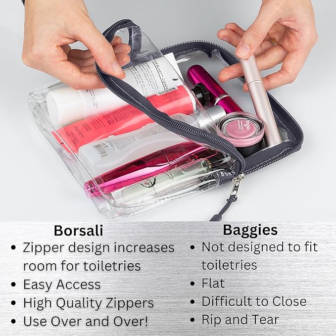 BORSALI Travel Pouches for Toiletries, Portable Flat Pack Squeeze Containers for Shampoo & 3-1-1 Liquids, Empty Travel Size Essentials for Women - 18 Piece Set with TSA Approved Bag