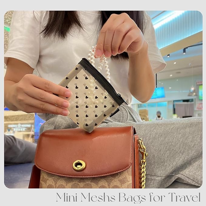Mini Mesh Heart Makeup Bag Set, Mesh Cosmetic Bags with Zipper, Makeup Lipstick Cosmetic Accessories Organizer Bag, Mesh Pouch for Travel (Multicolor-6pcs)