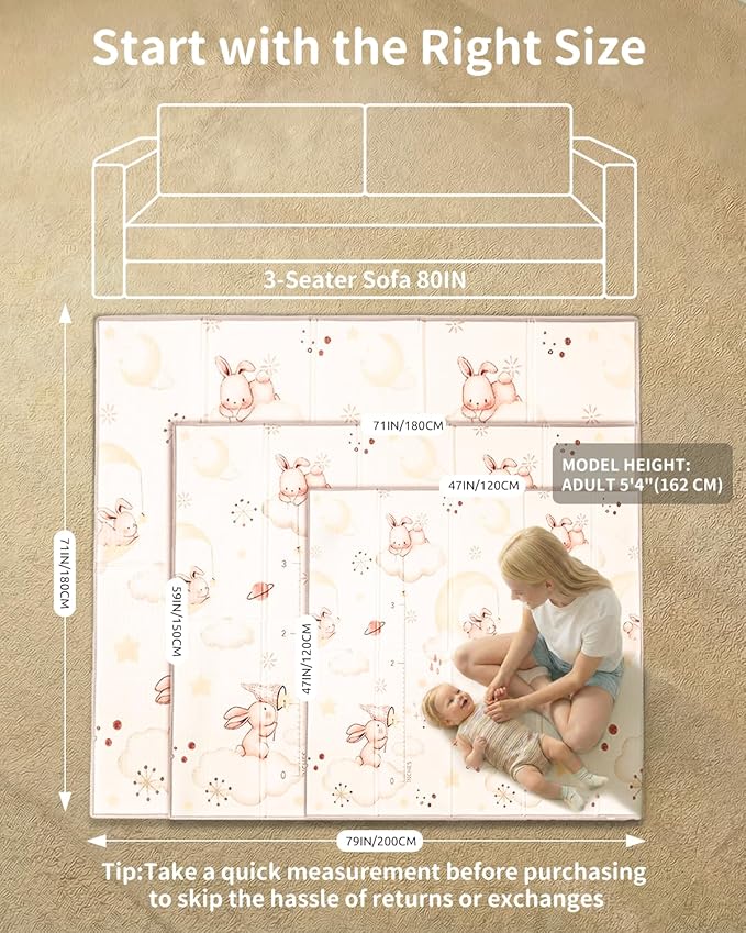 Baby Play Mat, 47 x 47 Inch Foldable Play Mats for Babies and Toddlers, Waterproof & Anti-Slip Portable Baby Floor Mat for Baby Playpen, Baby Mat for Floor with Travel Bag