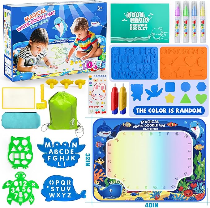 Water Doodle Mat for Kids 32x40 Inch, Mess Free Coloring Mat Educational Toy for 3 4 5 6 7 8 Years Old Girls & Boys, Neon Color Mat Doodle Board Writing Drawing Toys Holiday Christmas Birthday Gifts