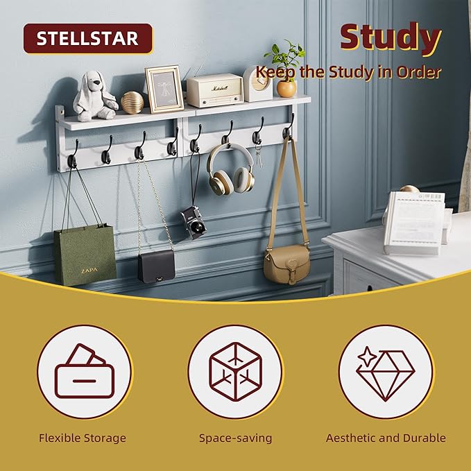 STELLSTAR Coat Rack with Shelf Wall Mount, Entryway Bamboo Hanging Shelf, Set of 2, Wall Hook Rail for Hallway Décor, Storage Clothe, Hat, Robe, Key, Dog Leash (White+Black)