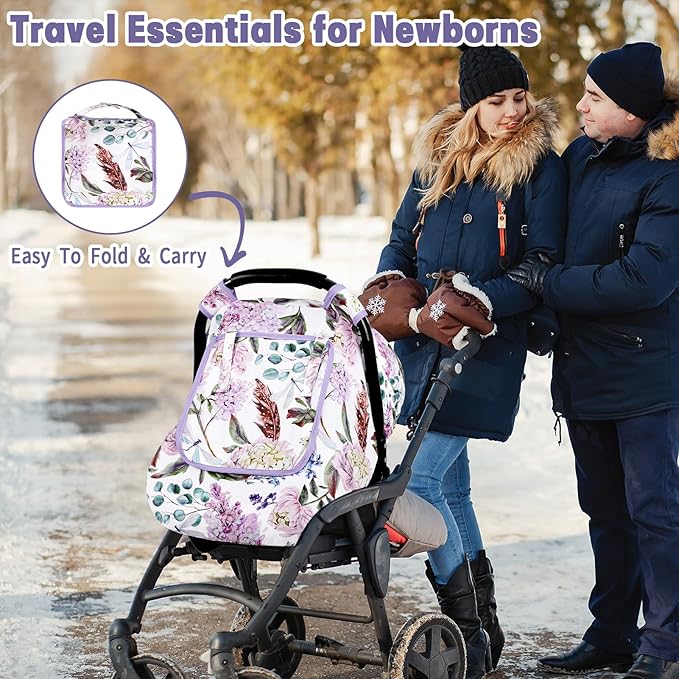 Car Seat Cover Baby, HNHUAMING Infant Car Seat Covers Canopy for Baby Girl Boy, Cozy & Windproof Newborn Carseat Covers Minky Dot Backing Stroller Cover with Breathable Mesh Window, Purple Floral