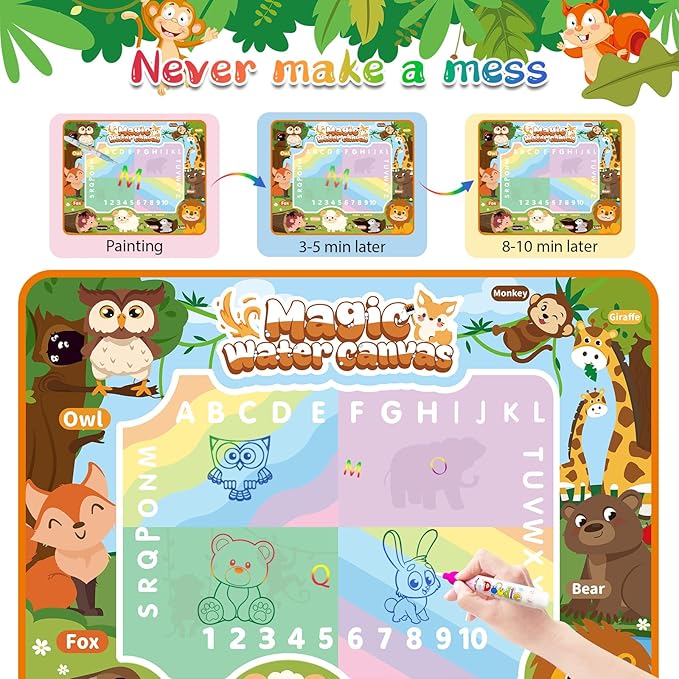 Water Doodle Mat Kids Mess Free Coloring for Toddlers 3 4 5 6 7 8 9 Years, 19 Pack Educational Toys, Doodle Mat with Magic Water Pens Boys Girls Christmas Birthday Holiday Present
