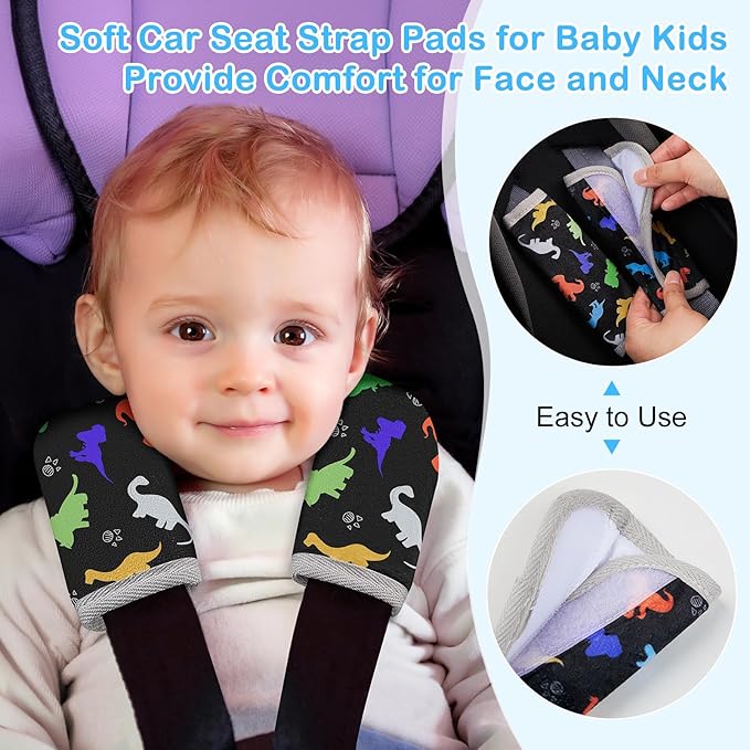 Seat Belt Cover Pad for Baby, Soft Seatbelt Cushion Covers for Kids 2Pcs Car Seat Strap Shoulder Pads for All Car Seats, Stroller, High Chair, Black Dinosaur