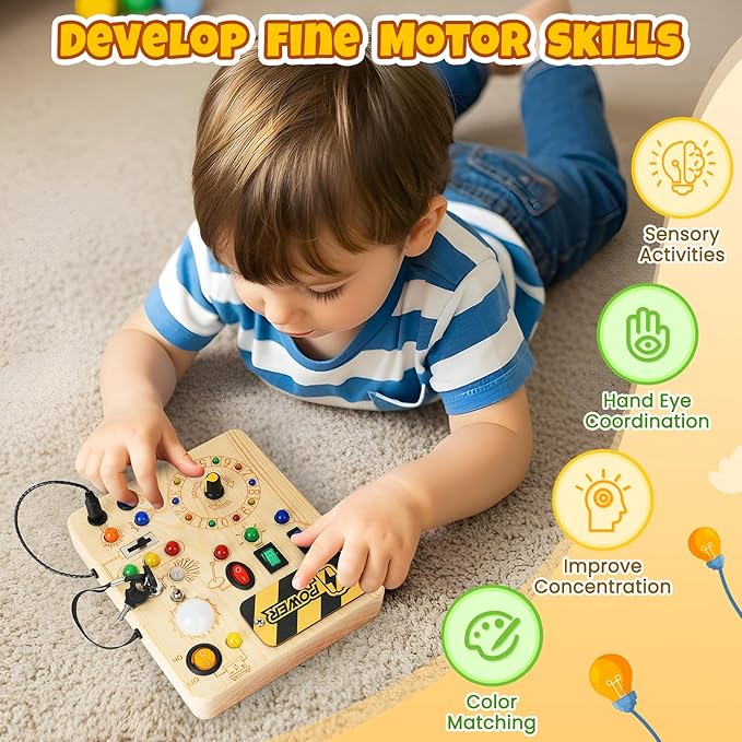 OAKJAR Busy Board, Montessori Toys for 1+ Year Old, Busy Board with 13 Led Light, Wooden Toddler Educational Travel Toy, 1 Year Old Boy&Girl Gifts