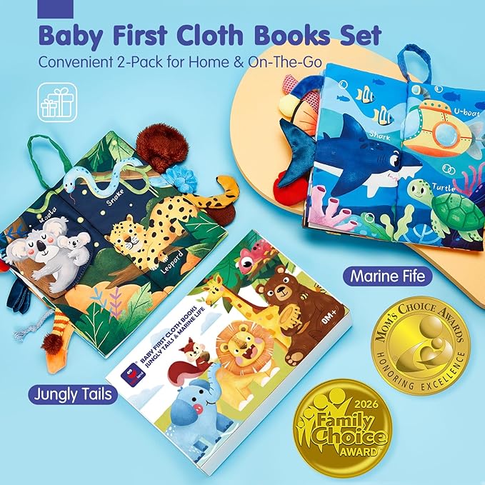 hahaland Baby Toys 0-6 Months - Crinkle Books for Babies 2-Pack, Soft Cloth Sensory Touch Feel Book 6-12 Months Infant Tummy Time Toys 0-3 Month Newborn Boys Valentines Gifts Easter Basket Stuffers
