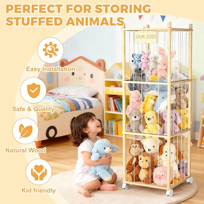 DUOQNY Stuffed Animal Storage, Wood Plush Toy Storage Organizer, Large Capacity Toy Cage with DIY Plaque Hang Small Objects, Gift for Nursery Playroom Kidroom Bedroom (54-Inch)