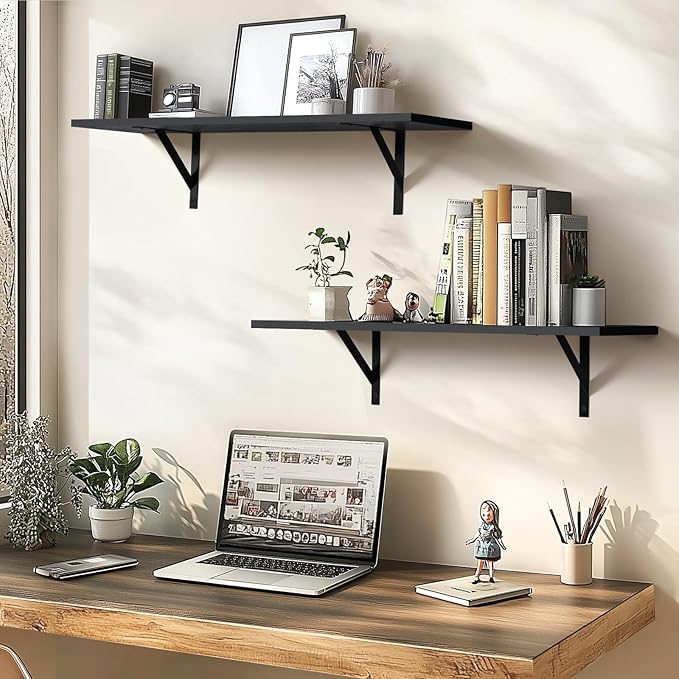 Heavy Duty Long Wall Shelves Set of 2, Floating Shelves Wall Mounted with Industrial Brackets, 40lbs Capacity Shelves for Laundry Room, Kitchen, Bathroom, Living Room (31.5"*8",Black)