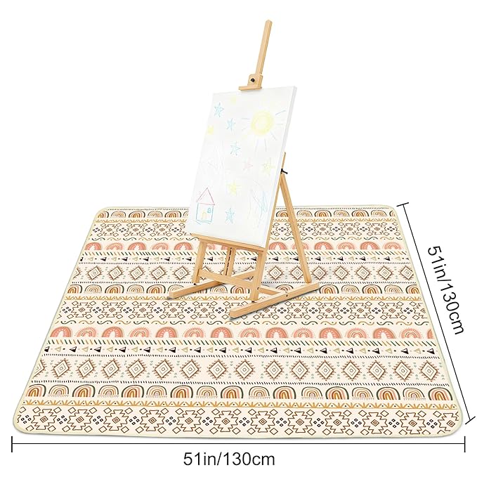 Basumee Splat Mat High Chair Mat Waterproof Baby Play Splat Mat for Under High Chair Food Catcher Highchair Mat for Floor Non Slip Bottom, Brown Geometry, 51x51 Inches