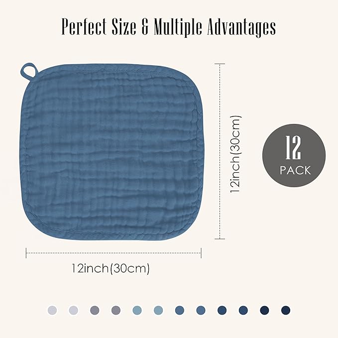 Baby Washcloths -100% Cotton Muslin Soft Baby Bath Wash Cloths and Absorbent Baby Wipes for Newborns Kids Girls and Boys - 12 Pack, 12x12 Inches - Slate, Grey, Navy Series