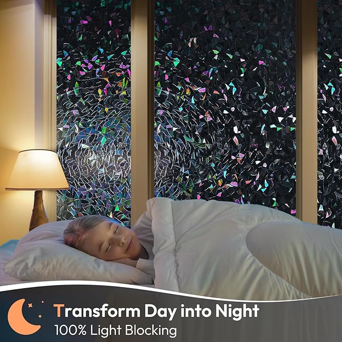 Haton Blackout Window Film, Black Out Window Cover, Stained Glass Sun Light Blocking Privacy Tint Shades for Home Room Darkening Dark Day Sleep Heat Control, Non-Adhesive, Black 23.6" x 78.7"