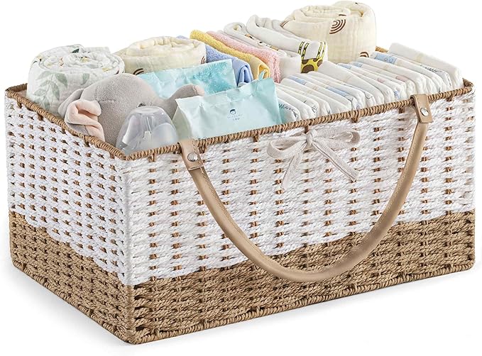 HBlife Diaper Caddy Organizer, Large Hand-Woven Storage Basket for Diapers & Baby Essentials - Modern Fashion Colorblock Design, Ideal Gift for Baby Shower & Registry Must-Have