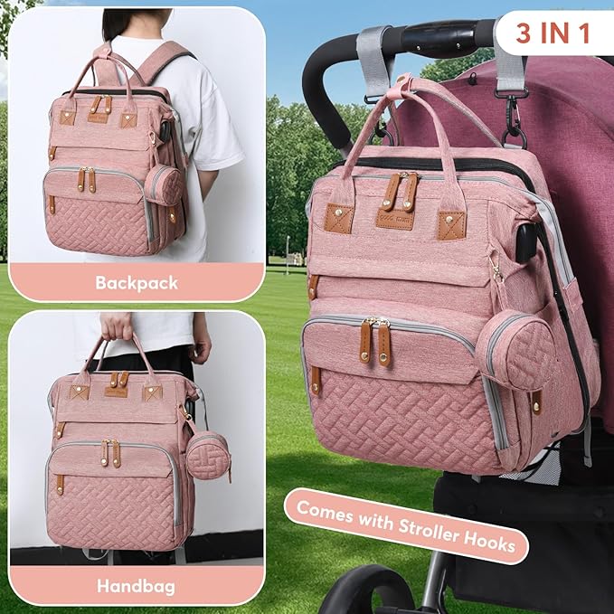 JKJRJJ Diaper Bag Backpack with Changing Station, Large Diaper Bag For Boys And Girls, Multifunctional Waterproof Travel Diaper Backpack, Baby Bag with USB Charging Port for Moms Dads,pink