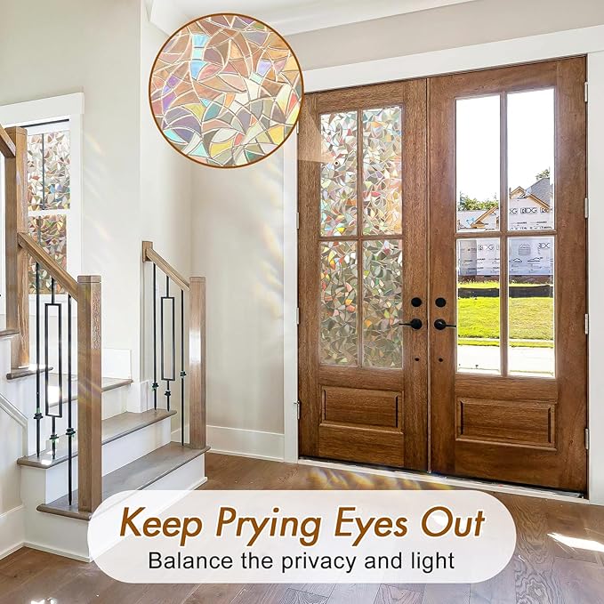 Haton Window Privacy Film, Stained Glass Rainbow Film Decorative Window Clings, Static Cling Sun Blocking Sticker Decal Covering Tint for Home Heat Control, Non-Adhesive, Brown 17.5" x 157.4"