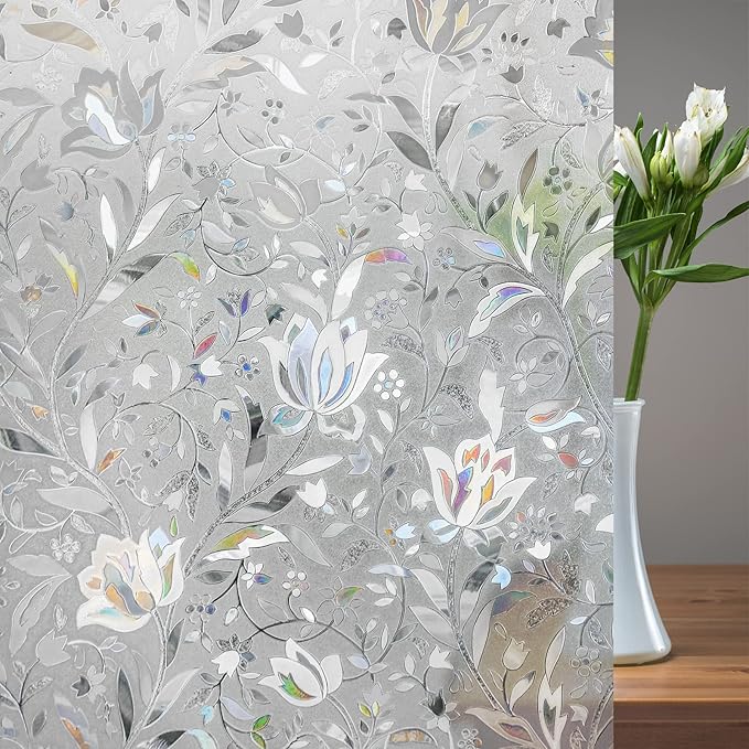 rabbitgoo Window Privacy Film, Decorative Stained Glass Window Film, Sun Blocking Glass Clings, Renter-Friendly Static Cling Frosted Sticker Covering for Home Door, Rainbow Tulip 23.6" x 118.1"