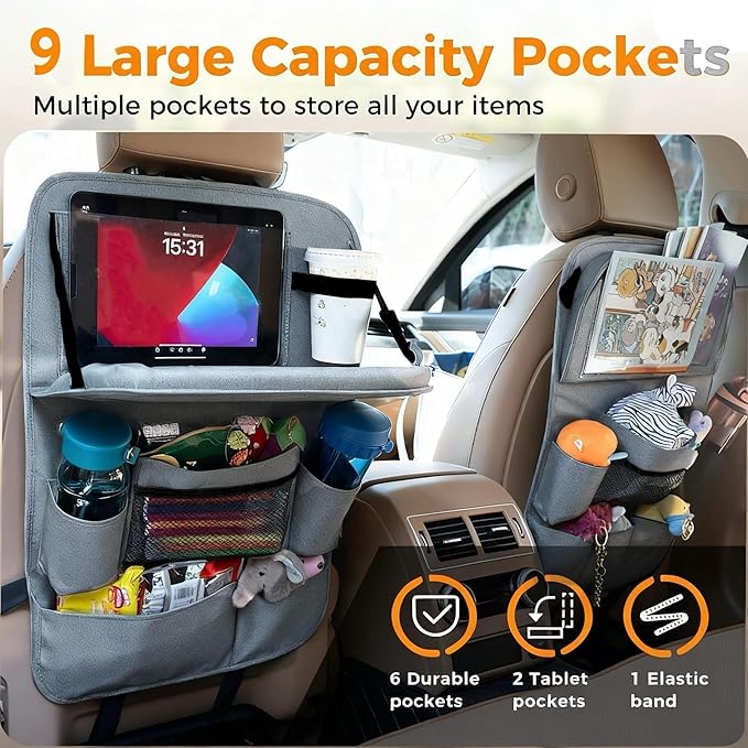 Haoxiang A-P Backseat Car Organizer with Tray, 9 Storage Pockets Back Seat Protector with Foldable Tablet Holder, Waterproof Back of Seat Kick Mats for Kids Adult, Travel Accessories 2 Pack, Gray