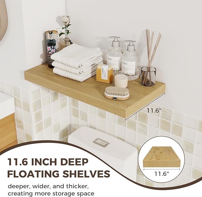 Fun Memories 24 x 12 Inch Deep Floating Shelves, 12 Inch Deep Rustic Wooden Book Shelf, Extra Deeper & Thicker Hanging Shelves for Living Room, Bathroom, Bedroom, Kitchen, Office, Set of 3 (Oak)