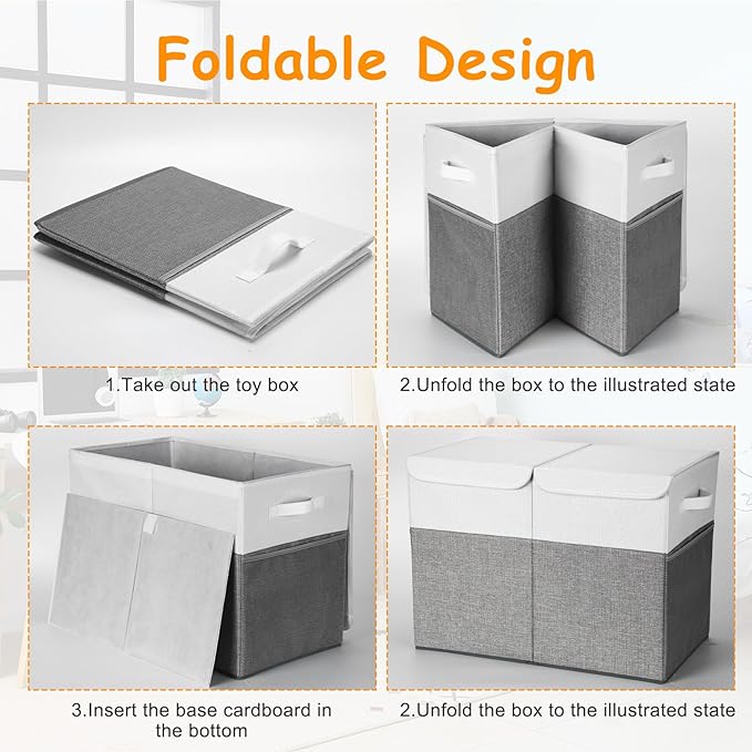 Fiwochic 3 Pack 23" Large Toy Storage Box with 11" Cubes Bins, Collapsible Toy Organizer Chest with Lids for Kids Nursery Playroom Bedroom Living Room Christmas Ornament Storage Box(Grey White)