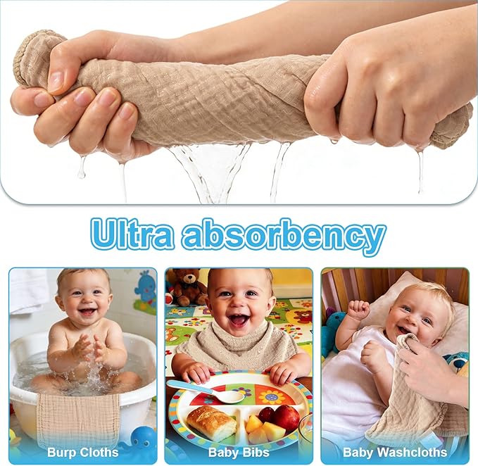 Muslin Burp Cloths Soft and Breathable Burp Cloths Baby Girl 6 Pack 10x20 inches It is a Must-Baby Girl Newborn Essentials and Baby Essentials (6, White and Brown)