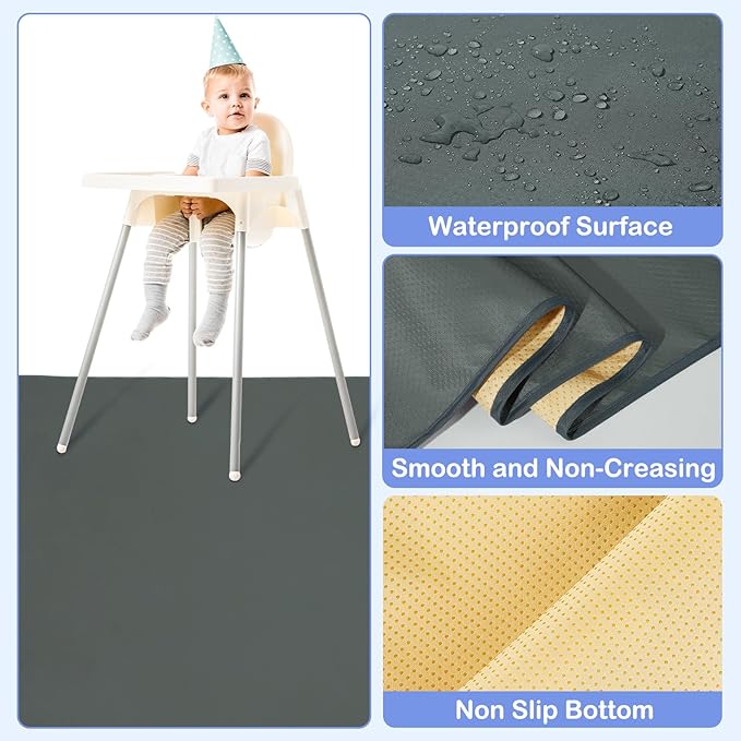 Basumee Splat Mat High Chair Mat Waterproof Baby Play Splat Mat for Under High Chair Food Catcher Highchair Mat for Floor Non Slip Bottom, Gray, 46x42 Inches