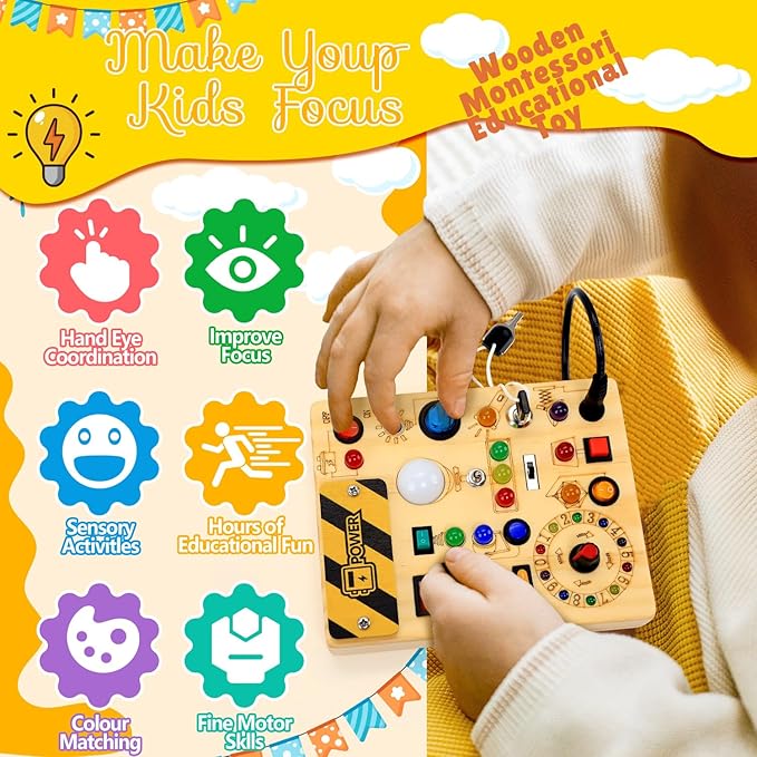 RichBoy Montessori Toy Busy Board for 1-3 Year Old Toddlers, 37-in-1 Sensory Toy with 24 LED Lights, Educational Travel Toy for Airplane Car Rides, First Birthday for Boys Girls (6.7" x 5.3")