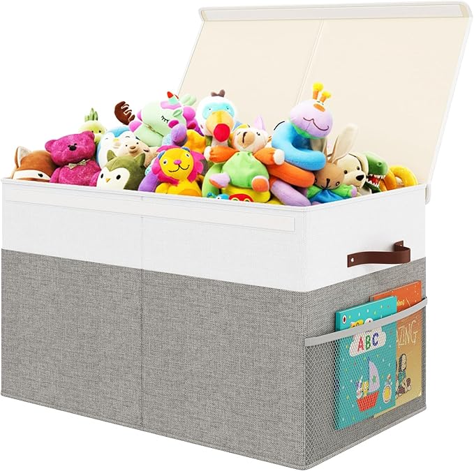 Fineonly Large Toy Storage Box with Lid Upgraded Toy Storage Chest Organizer with Divider Foldable Toy Bin for Kids Boys Girls Playroom Nursery Bedroom (25"x13"x16")
