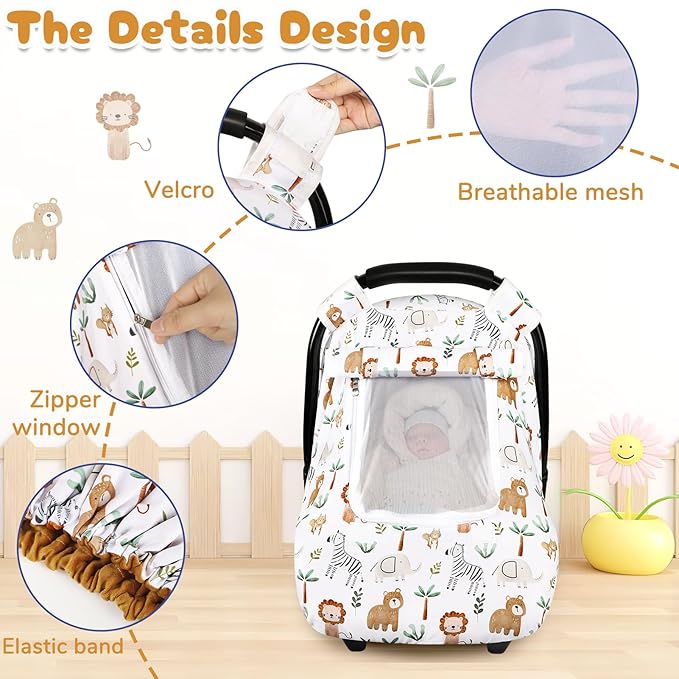 Baby Car Seat Cover, Windproof Carseat Cover for Infant Girls, Infant Warm Carseat Canopy with Double Layer Fabric for Winter, Compatible with Most Baby Car Seat, Animals