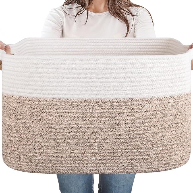 SIXDOVE 65L Large Storage Basket, Cotton Rope Woven Blanket Basket, Toy Storage for Baby Room, Living Room, Brown & White