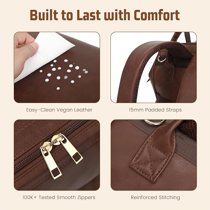 ROSEGIN Premium Vegan Leather Diaper Bag Backpack with Waterproof Changing Pad – Reinforced Stitching & Zippers, Baby Bag for Boy Girl, Stroller Straps, Fits 15.6" Laptop for Work Moms, Dark Brown