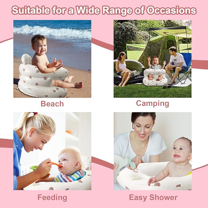 Inflatable Baby Seat for Babies 3-36 Months, Baby Chair with Fence & Built in Air Pump, Blow Up Floor Baby Seat with Back Support, Inflatable Baby Chair Sit Me Up for Home, Travel (Bear)