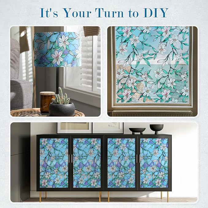 rabbitgoo Stained Glass Window Film, Anti UV Heat Blocking Privacy Film for Glass Window Door Covering, Static Cling Removable Decorative Privacy Sticker for Bathroom, Blue Lily, 35.4 x 118.1 Inches
