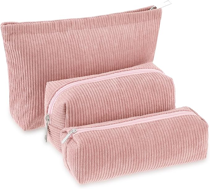 3 Pcs Makeup Bag Set for Women Corduroy Cosmetic Pouch Aesthetic Smile Travel Toiletry Bag Cute Purse Pouch Pencil Case Makeup Brushes Storage Organizer with Zipper(Pink,Solid Style)
