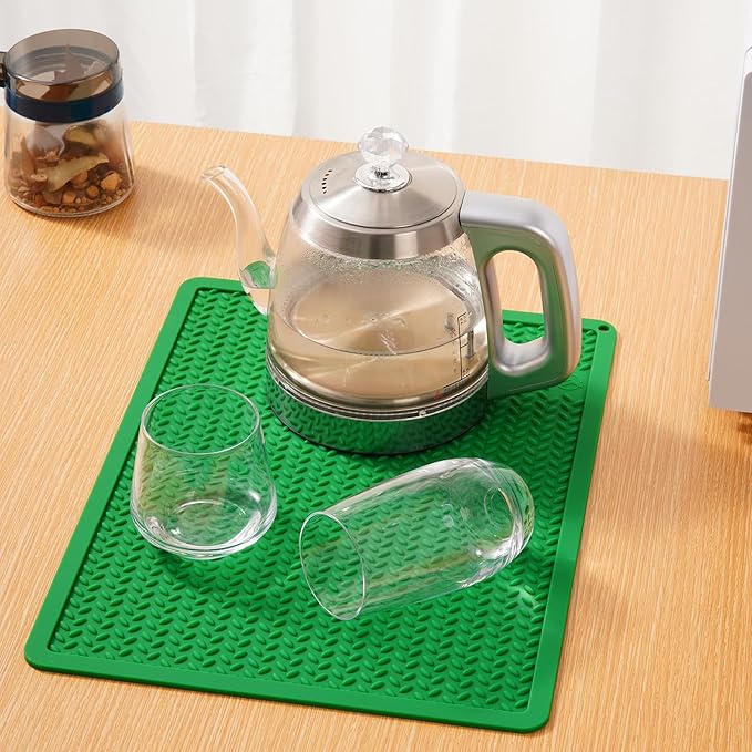 Silicone Drying Mat & Heat Resistant Mat for Kitchen Counter, Non-Slip Dishwasher Safe, Raised Edge for Dishes Bottles Sink (25.5x17.7in, Dark Green)